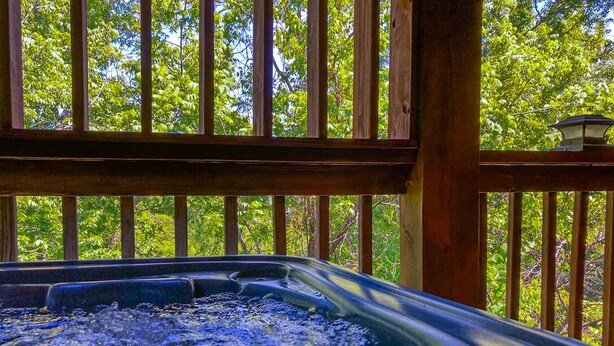 Una vasca idromassaggio con un pontile in legno e vista sugli alberi.