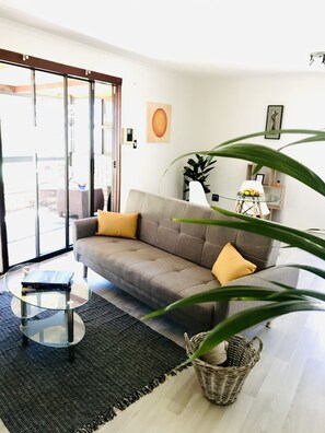 Un salon avec un canapé gris, une table basse en verre, un tapis noir et un panier en osier.