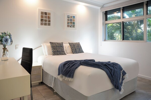 3 bedrooms, blackout drapes, iron/ironing board, travel crib