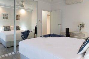 3 bedrooms, blackout drapes, iron/ironing board, travel crib
