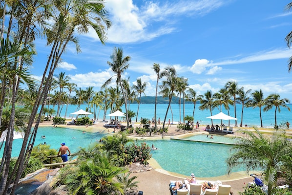 A pool area with palm trees, lounge chairs, and umbrellas.