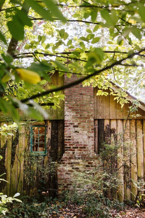 A rustic wooden house with a brick chimney, surrounded by dense foliage and a wooden fence.