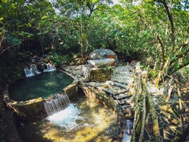 A natural setting with a stone water feature, a stone pathway, and a dome-like structure.