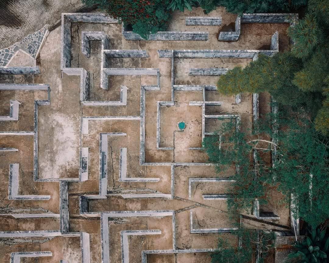 An aerial view of a maze-like structure with clear pathways and a central green area, surrounded by vegetation.