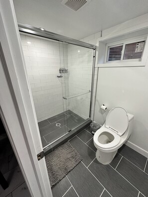 Bathtub, hair dryer, towels, soap