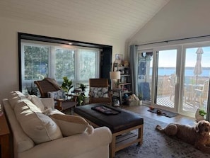 Uma sala de estar espaçosa com uma janela grande, um sofá, uma mesa de centro e um cão.