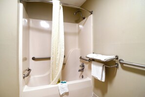 Room, 2 Double Beds, Non Smoking | Bathroom | Hair dryer, towels