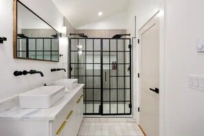 Shower, hair dryer, towels, soap