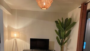 A modern living room with a sofa, a flat-screen TV, a floor lamp, and a large potted plant. - Beach side duplex (punaauia)