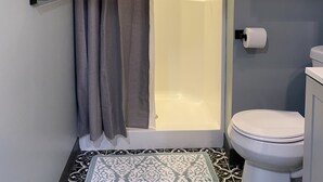 A bathroom with a shower, toilet, and patterned rug.