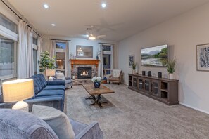 Smart TV, fireplace, table football