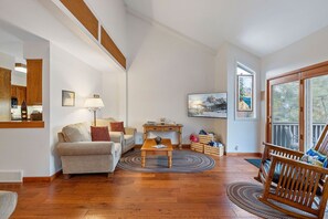 Smart TV, chimenea, reproductor de DVD y libros