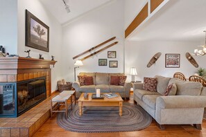 Smart TV, fireplace, DVD player, books