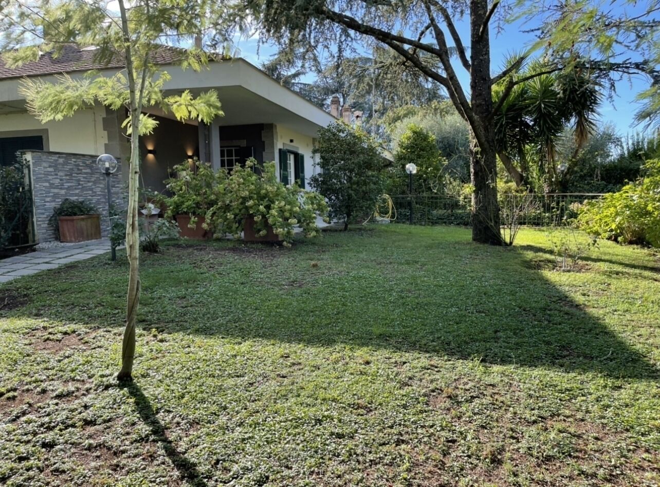 A residential property with a well-maintained lawn, a stone wall, and a variety of plants and trees.