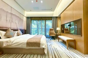 Habitación de hotel con una cama grande, un escritorio, una silla, un televisor y vistas al exterior.