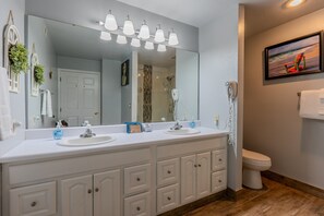 Combined shower/bathtub, hair dryer, towels