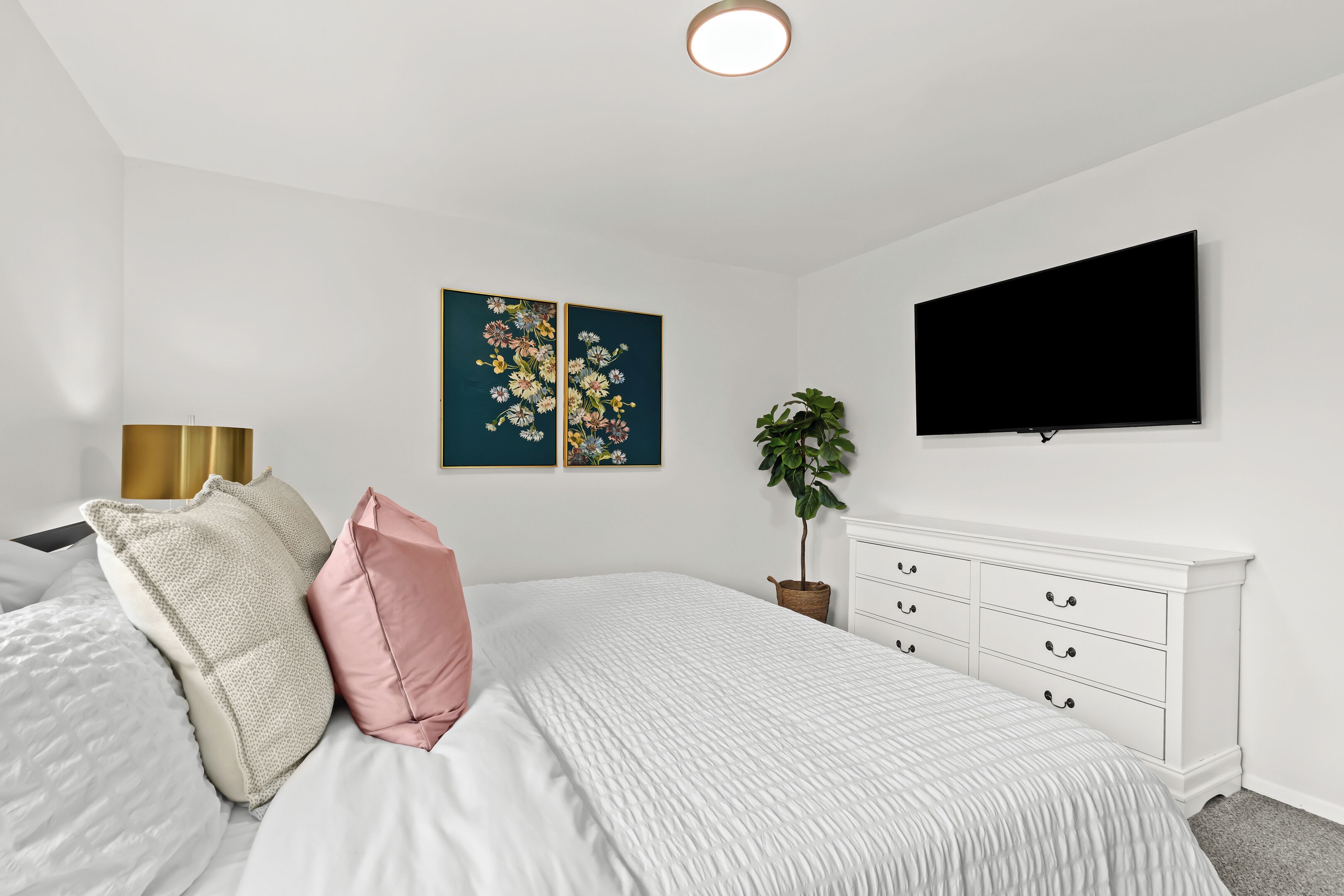 Une chambre à coucher avec un lit, une commode blanche, un téléviseur, une plante et un tableau accroché au mur.