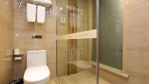 A modern bathroom with a glass-enclosed shower, a toilet, and a towel rack. - Vienna International Hotel Nanning Wuyi Fude (Nanning)