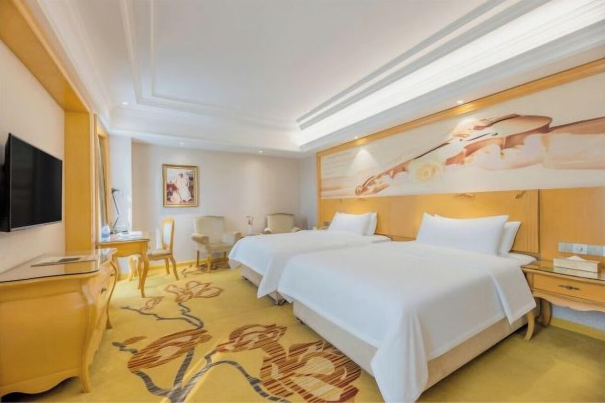 Habitación de hotel con dos camas, un televisor de pantalla plana, un escritorio y un tapete decorativo.