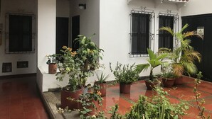A courtyard with potted plants, a tiled floor, and a white building with black window frames.