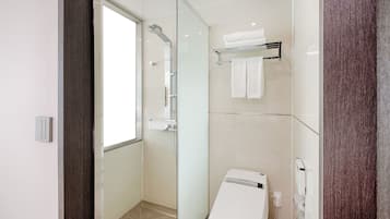 A modern bathroom with a glass shower enclosure, a white toilet, and a towel rack.