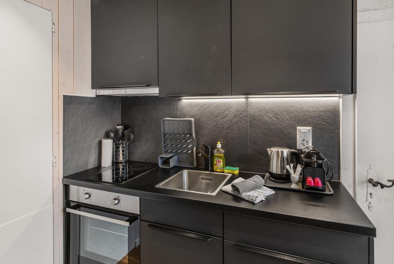 Fridge, oven, stovetop, coffee/tea maker