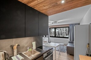 Kühlschrank, Ofen, Herdplatte, Wasserkocher mit Kaffee-/Teezubehör