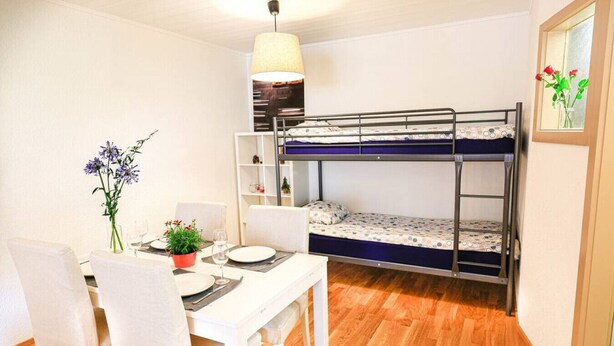 A compact room with a bunk bed, a dining table with chairs, a small potted plant, and a hanging light fixture.
