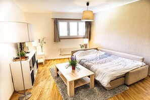 1 bedroom, desk, iron/ironing board, travel cot