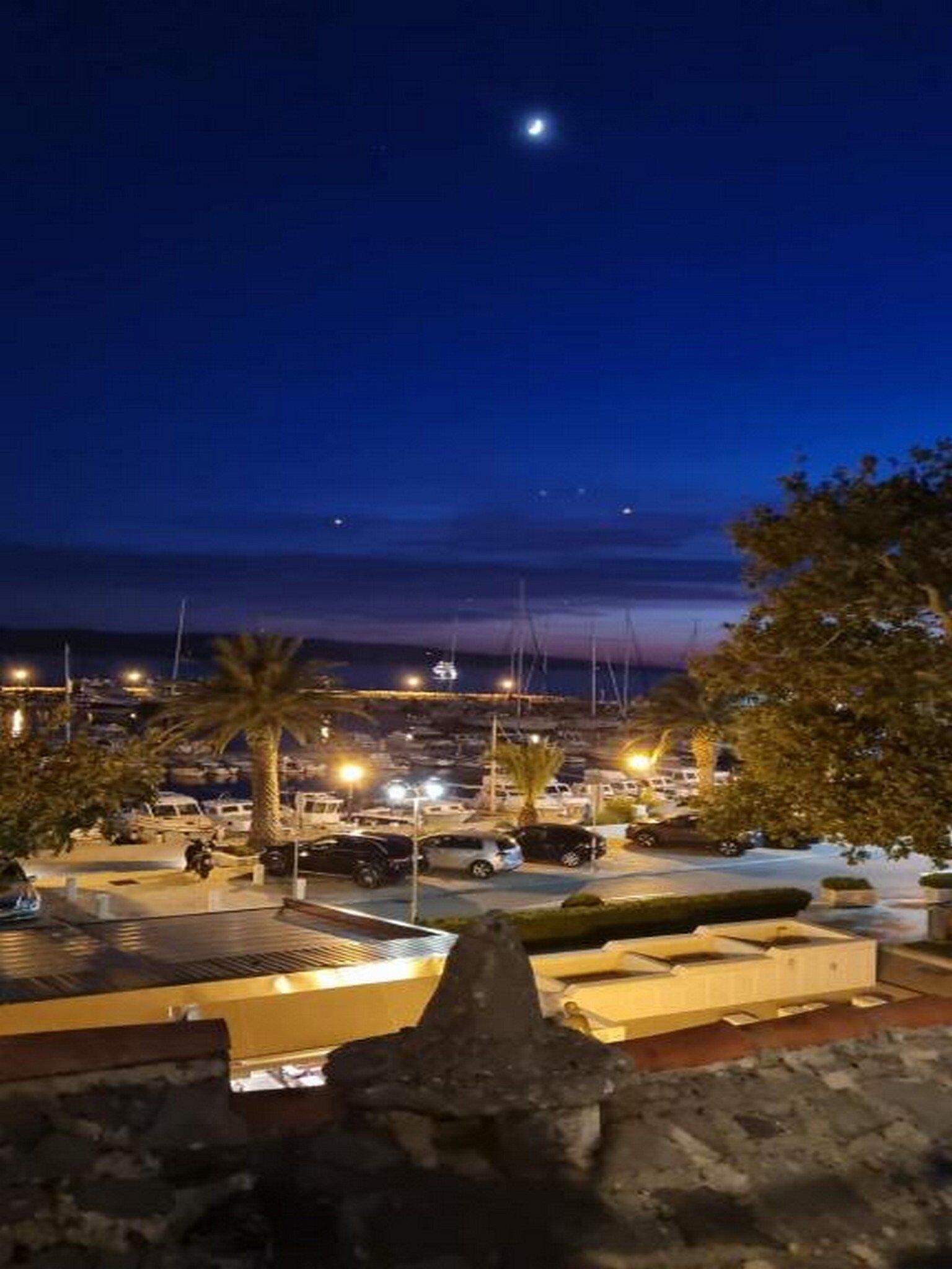 A marina at night with boats docked, a clear sky, and a crescent moon.