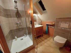 Shower, hair dryer, towels, soap