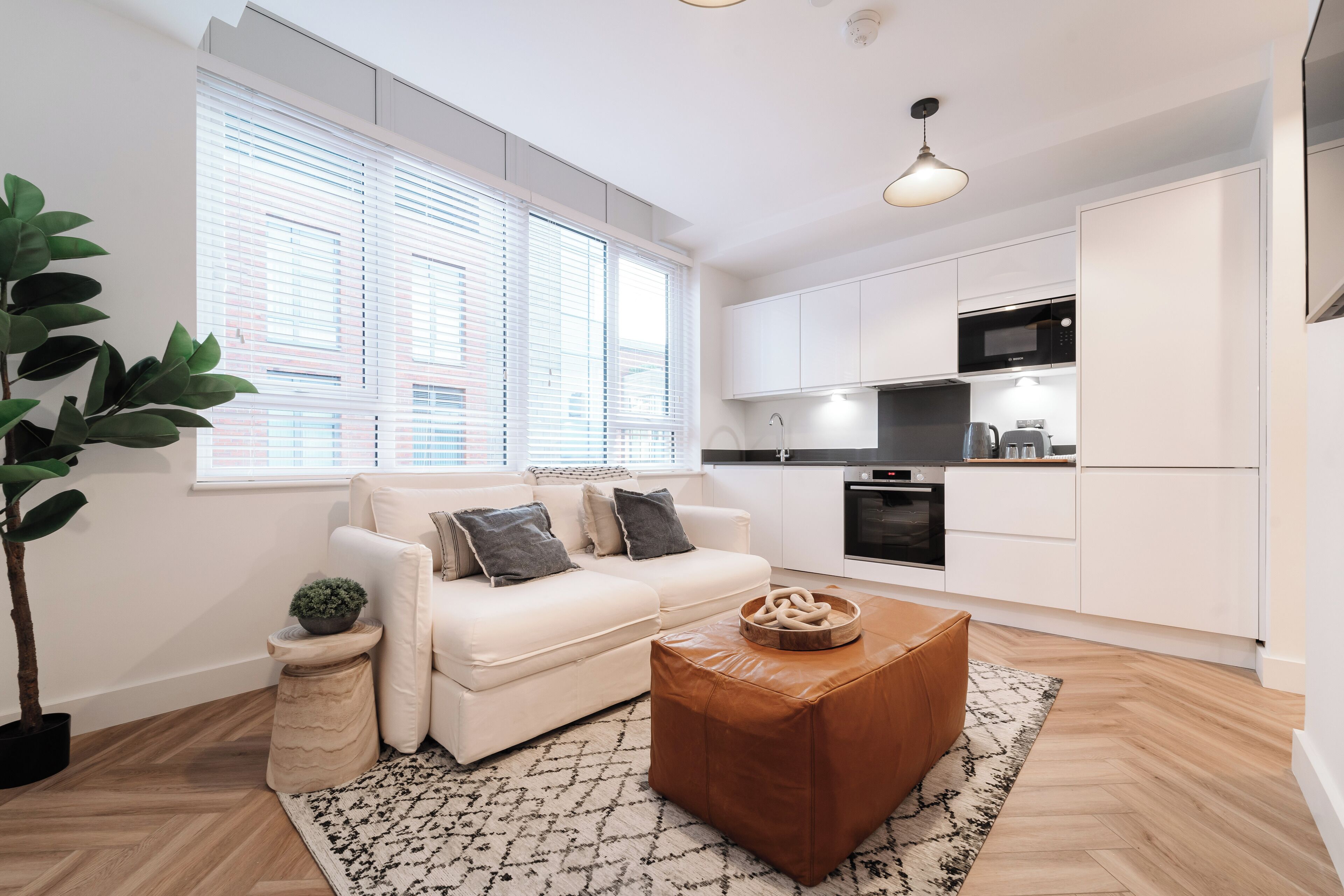 A modern living room with a sofa, a coffee table, and a potted plant.