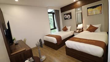 Premium bedding, minibar, desk, laptop workspace