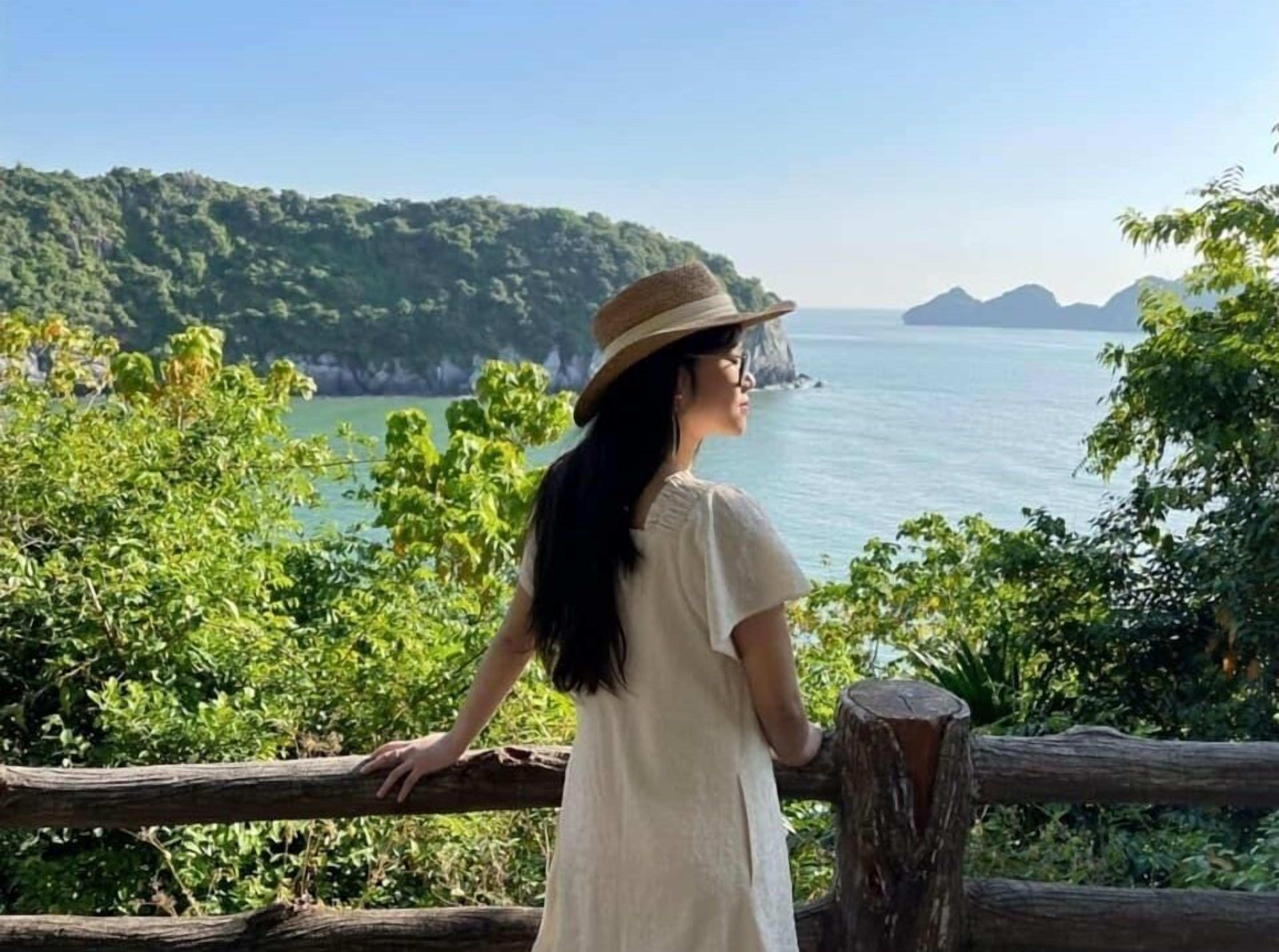 A person standing by a wooden railing overlooking a coastal landscape with lush greenery and a clear view of the sea.