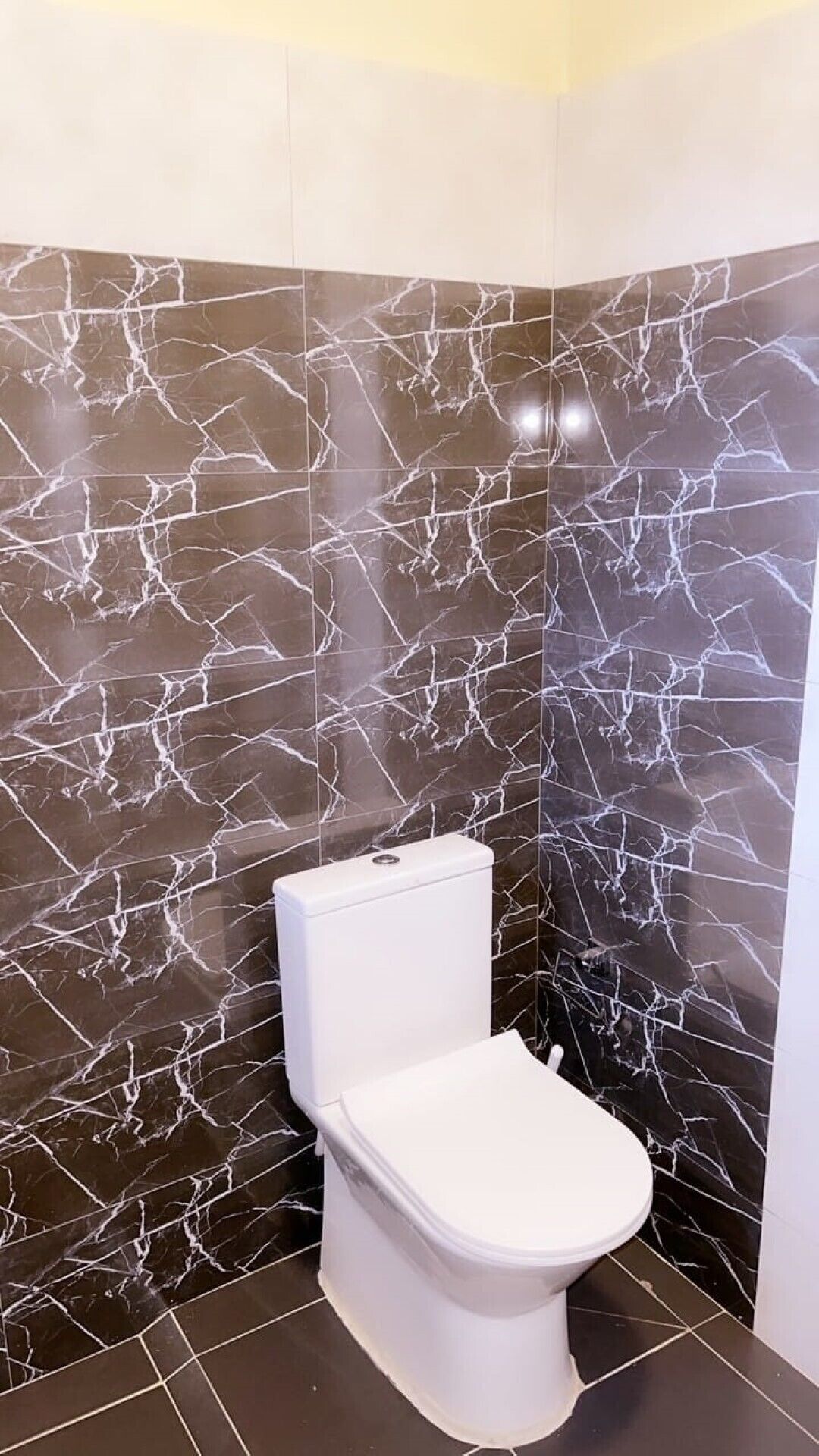 Un baño con inodoro, paredes de mármol oscuro y suelo de baldosas.