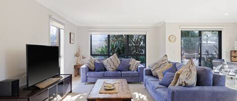 Televisio, DVD-soitin, pöytätennispöytä, kirjoja