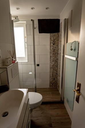 Shower, hair dryer, towels, soap