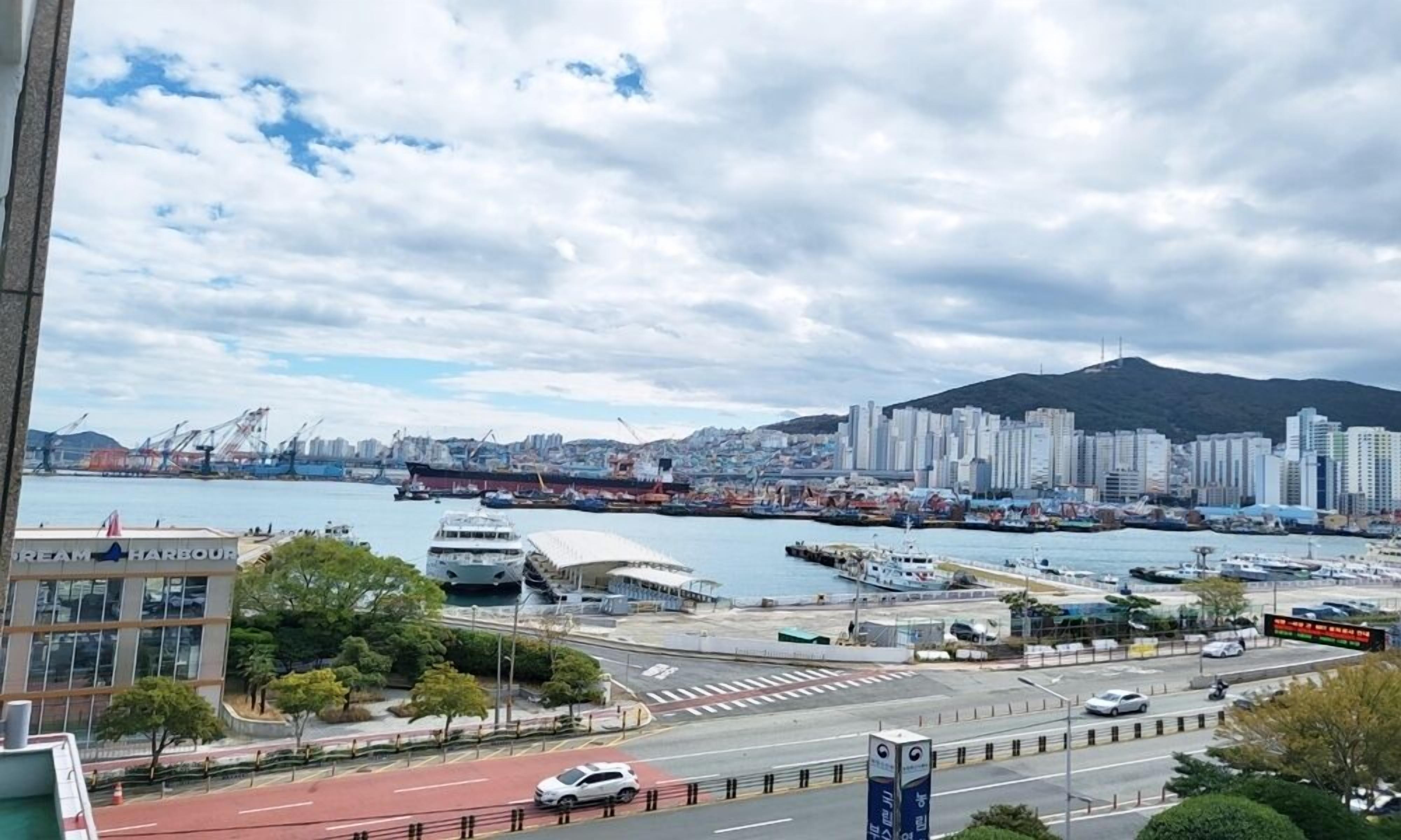 A harbor with boats, a city skyline, and a mountain in the background.