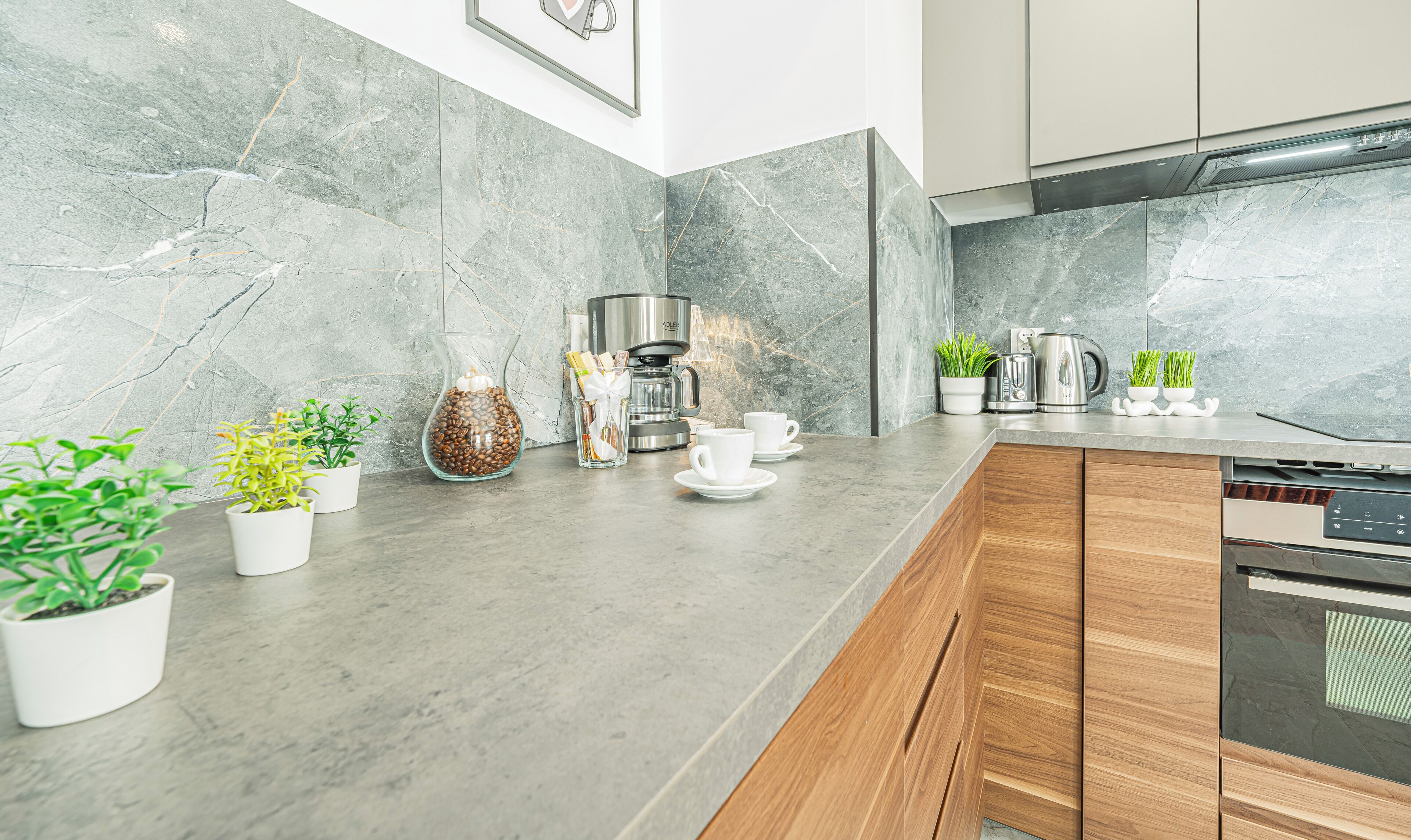 Cocina moderna con salpicadero de mármol, una cafetera, dos tazas blancas y plantas en macetas.