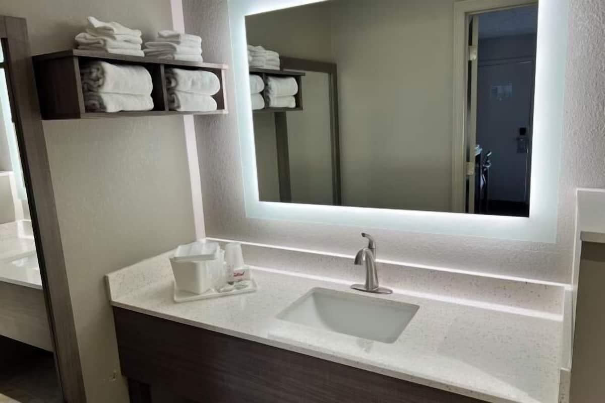 Combined shower/bathtub, free toiletries, towels, soap