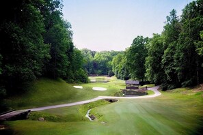 A golf course with a pond, a bridge, and a pavilion. - Apple Valley  52 at Rumbling Bald (Lake Lure)