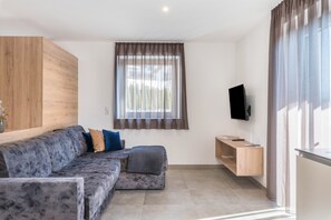 A modern living room with a grey sectional sofa, a wooden accent wall, a flat-screen TV, and a window with sheer curtains. - Holiday Apartment "Aster Moments Apt Marie" with Mountain View, Balcony & Wi-Fi (San Genesio)