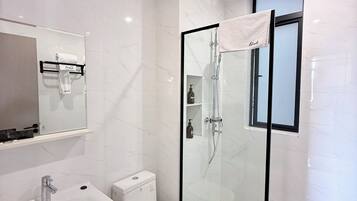 A modern bathroom with a glass-enclosed shower, a white toilet, and a sink with a mirror above.