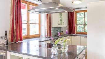 Fridge, microwave, oven, cookware/dishes/utensils
