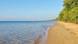 Ein Strand mit klarem Wasser, sandigem Ufer und dichter Vegetation auf der rechten Seite.
