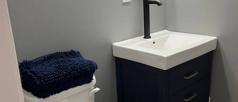 Un bagno con un water bianco, un lavandino nero e un armadietto scuro.
