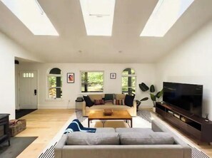 Smart TV, fireplace, books