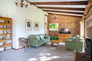 TV, fireplace, DVD player, books