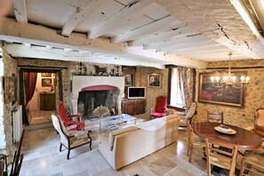 Télévision, cheminée, lecteur de DVD, chaîne hi-fi