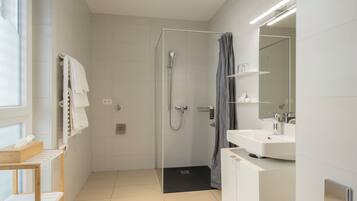 A modern bathroom with a shower, a sink, and a mirror.